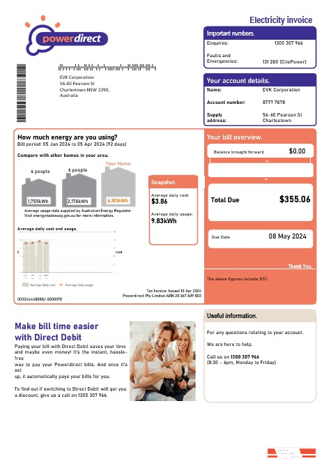 Australia Powerdirect electricity business utility bill template in Word and PDF format